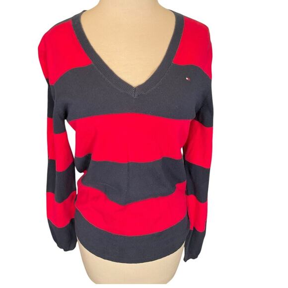Tommy Hilfiger Pima Cotton Blend Size Medium Pink & Blue V-Neck Sweater Preppy - Picture 3 of 10